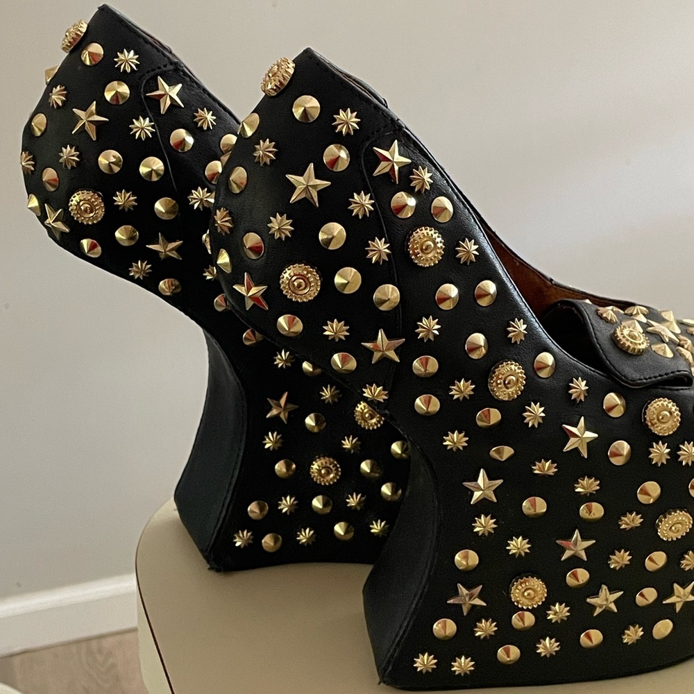 Jeffrey Campbell Black Leather Studded Platform Loafers with Gold Embellishments - Picture 5 of 6